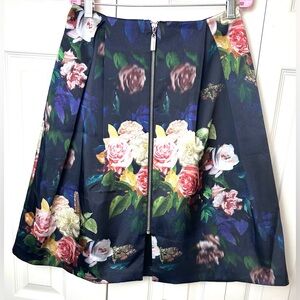 TOPSHOP A-Line Skirt Floral Butterflies Front Exposed Zipper Pleated Roses Blue